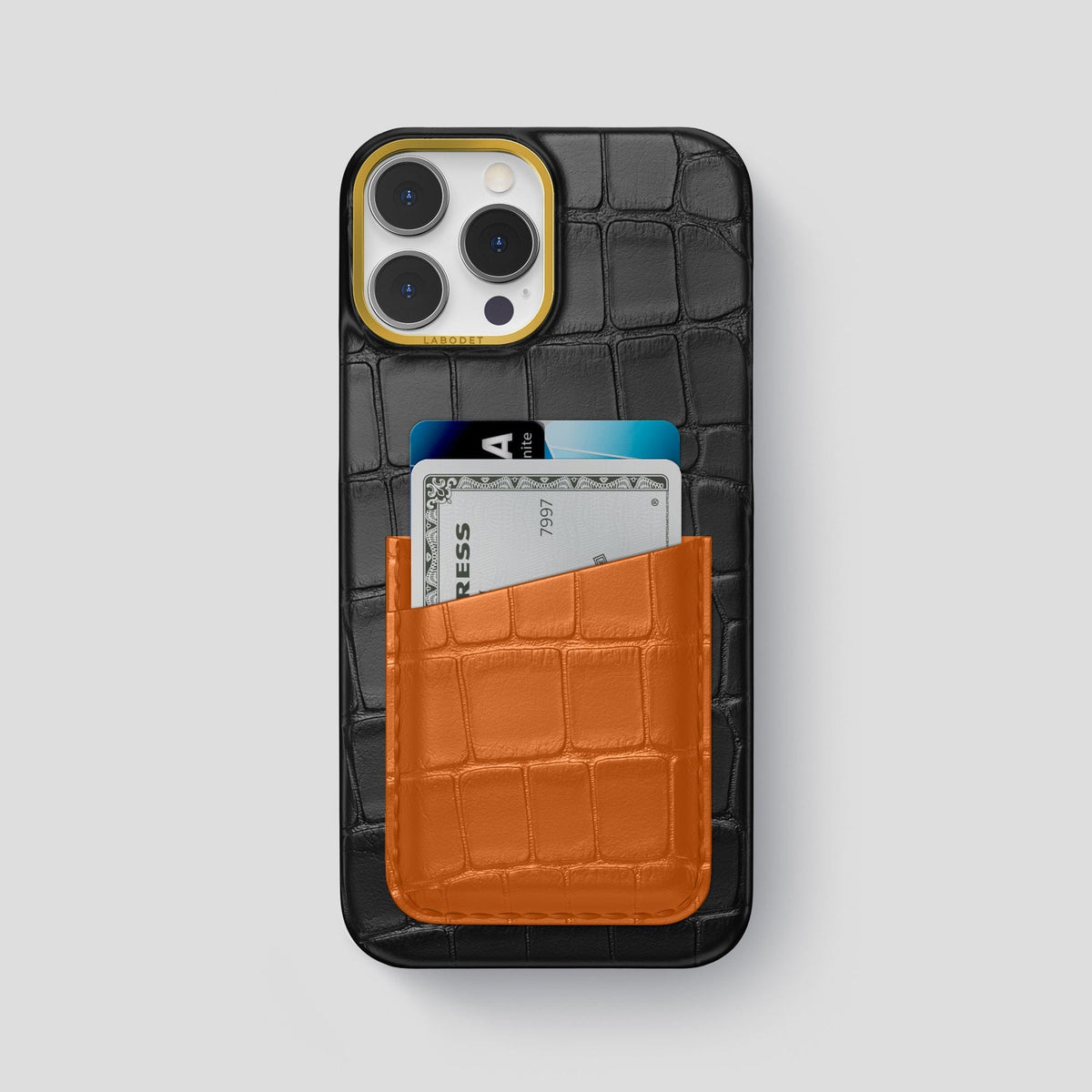 Black-Orange iPhone 14 Pro Max Card Case Alligator with Gold Metal -1 | Black-Orange-Gold