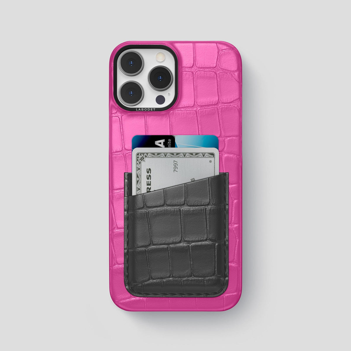 Fuchsia-Grey iPhone 14 Pro Max Card Case Alligator with Black Metal -1 | Fuchsia-Grey-Black