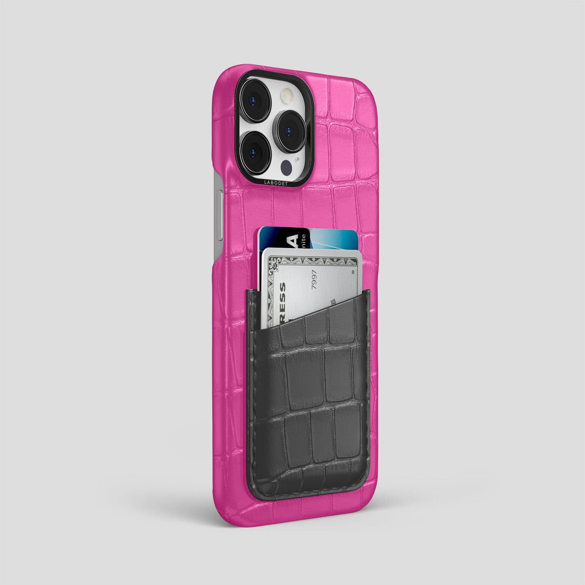Fuchsia-Grey iPhone 14 Pro Max Card Case Alligator with Black Metal -2 | Fuchsia-Grey-Black