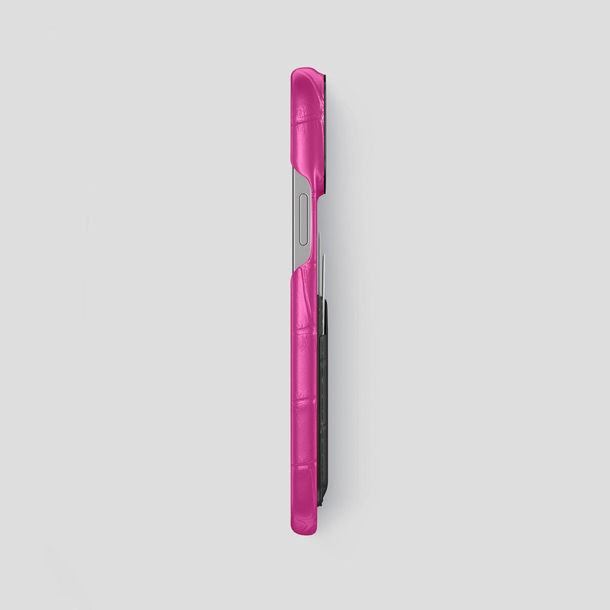 Fuchsia-Grey iPhone 14 Pro Max Card Case Alligator with Black Metal -3 | Fuchsia-Grey-Black