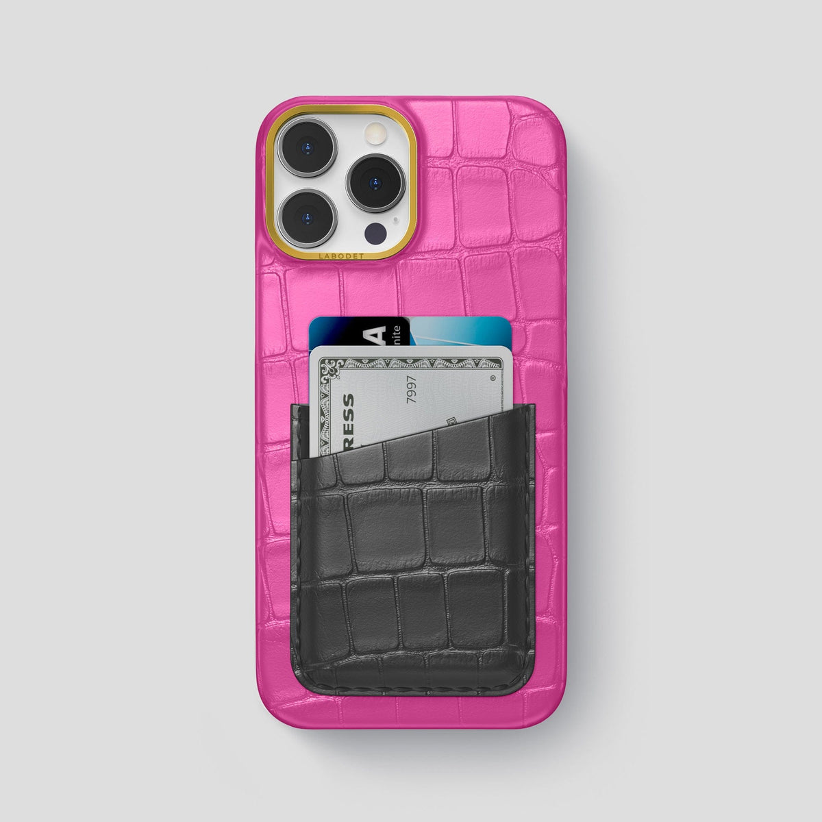 Fuchsia-Grey iPhone 14 Pro Max Card Case Alligator with Gold Metal -1 | Fuchsia-Grey-Gold