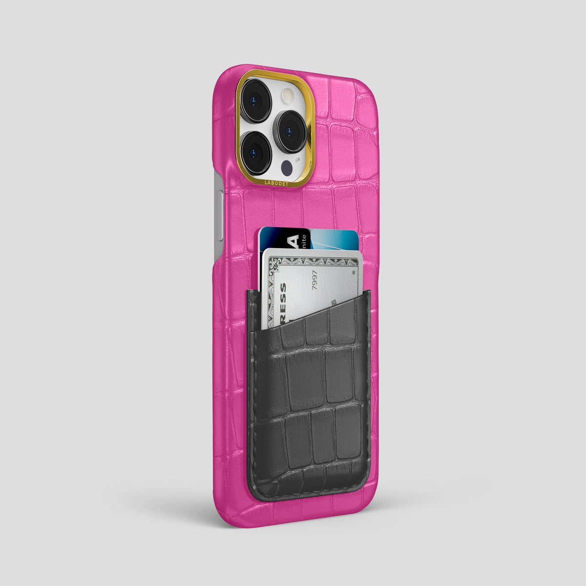 Fuchsia-Grey iPhone 14 Pro Max Card Case Alligator with Gold Metal -2 | Fuchsia-Grey-Gold