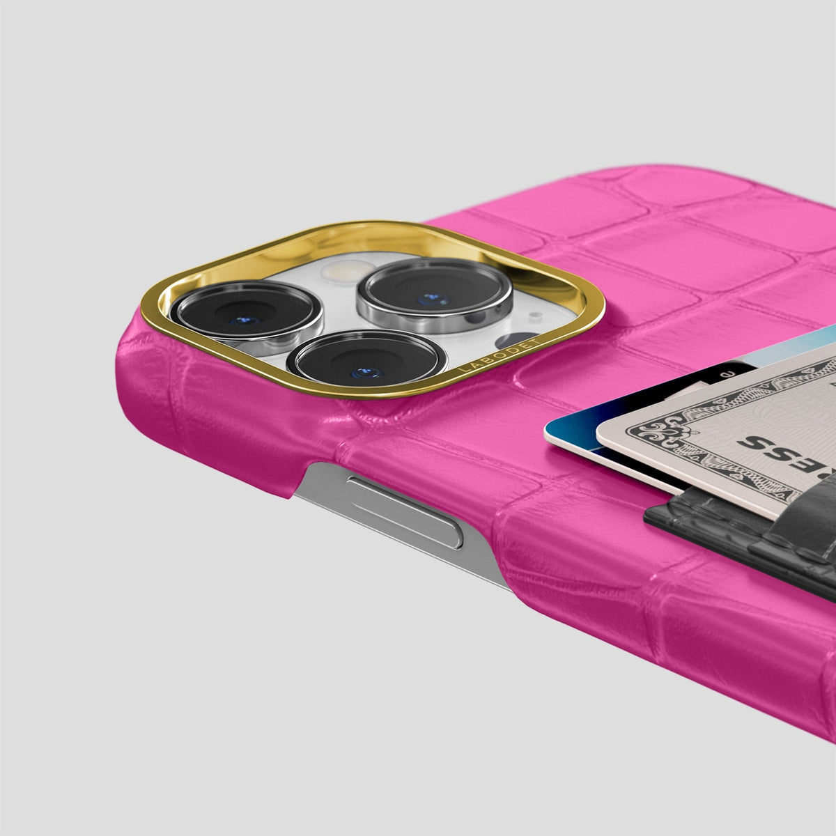 Fuchsia-Grey iPhone 14 Pro Max Card Case Alligator with Gold Metal -5 | Fuchsia-Grey-Gold