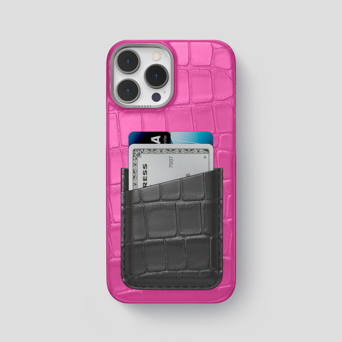 Fuchsia-Grey iPhone 14 Pro Max Card Case Alligator with Steel Metal -1 | Fuchsia-Grey-Steel