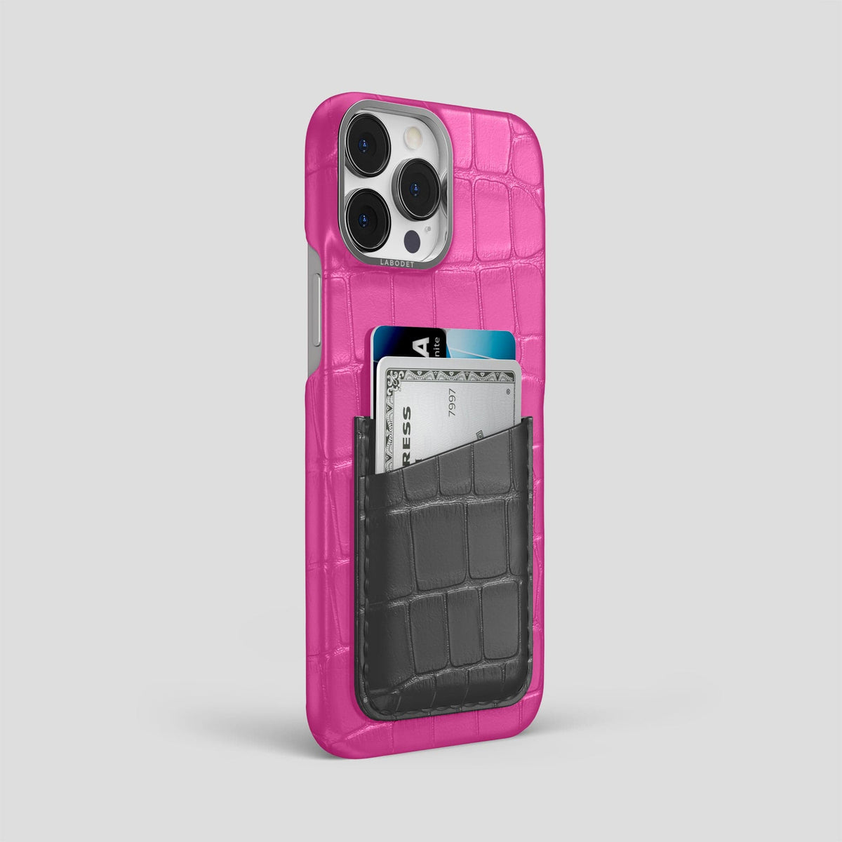 Fuchsia-Grey iPhone 14 Pro Max Card Case Alligator with Steel Metal -2 | Fuchsia-Grey-Steel