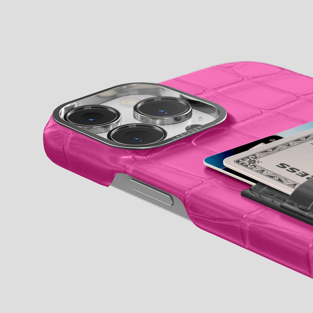 Fuchsia-Grey iPhone 14 Pro Max Card Case Alligator with Steel Metal -5 | Fuchsia-Grey-Steel