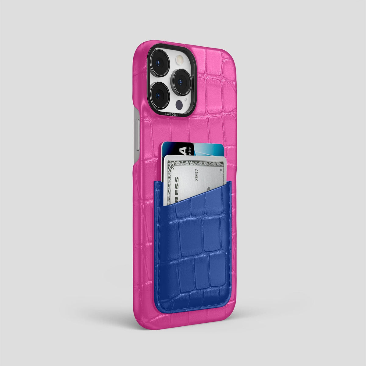 Fuchsia-Royal-Blue iPhone 14 Pro Max Card Case Alligator with Black Metal -2 | Fuchsia-Royal-Blue-Black