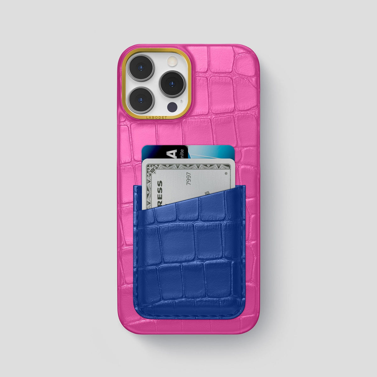 Fuchsia-Royal-Blue iPhone 14 Pro Max Card Case Alligator with Gold Metal -1 | Fuchsia-Royal-Blue-Gold