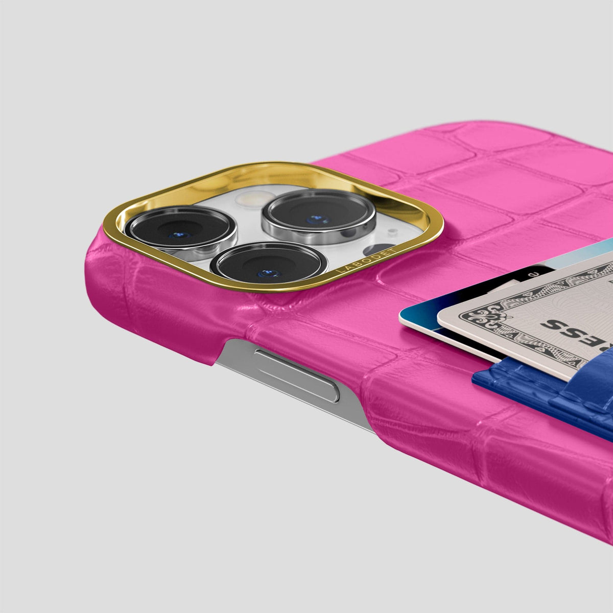 Fuchsia-Royal-Blue iPhone 14 Pro Max Card Case Alligator with Gold Metal -5 | Fuchsia-Royal-Blue-Gold