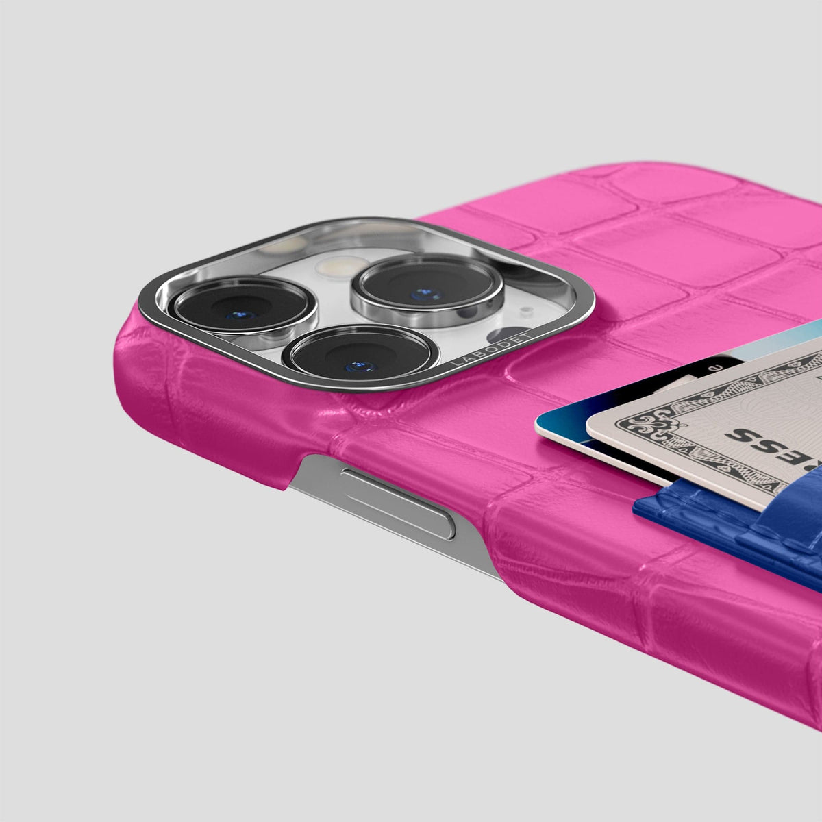 Fuchsia-Royal-Blue iPhone 14 Pro Max Card Case Alligator with Steel Metal -5 | Fuchsia-Royal-Blue-Steel