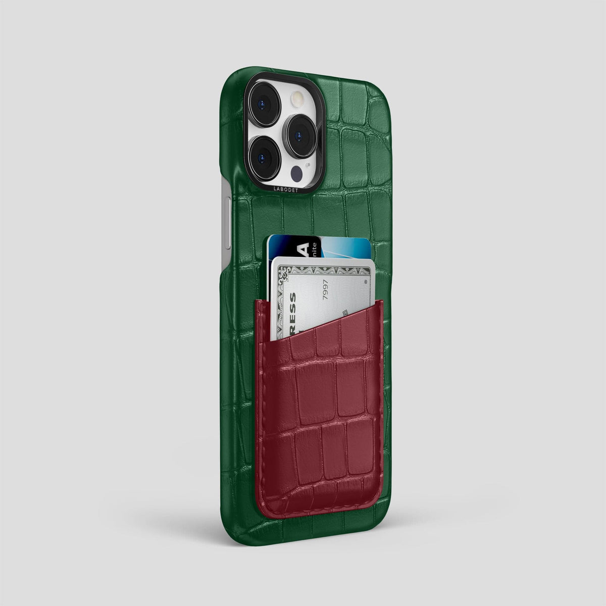 Green-Burgundy iPhone 14 Pro Max Card Case Alligator with Black Metal -2 | Green-Burgundy-Black