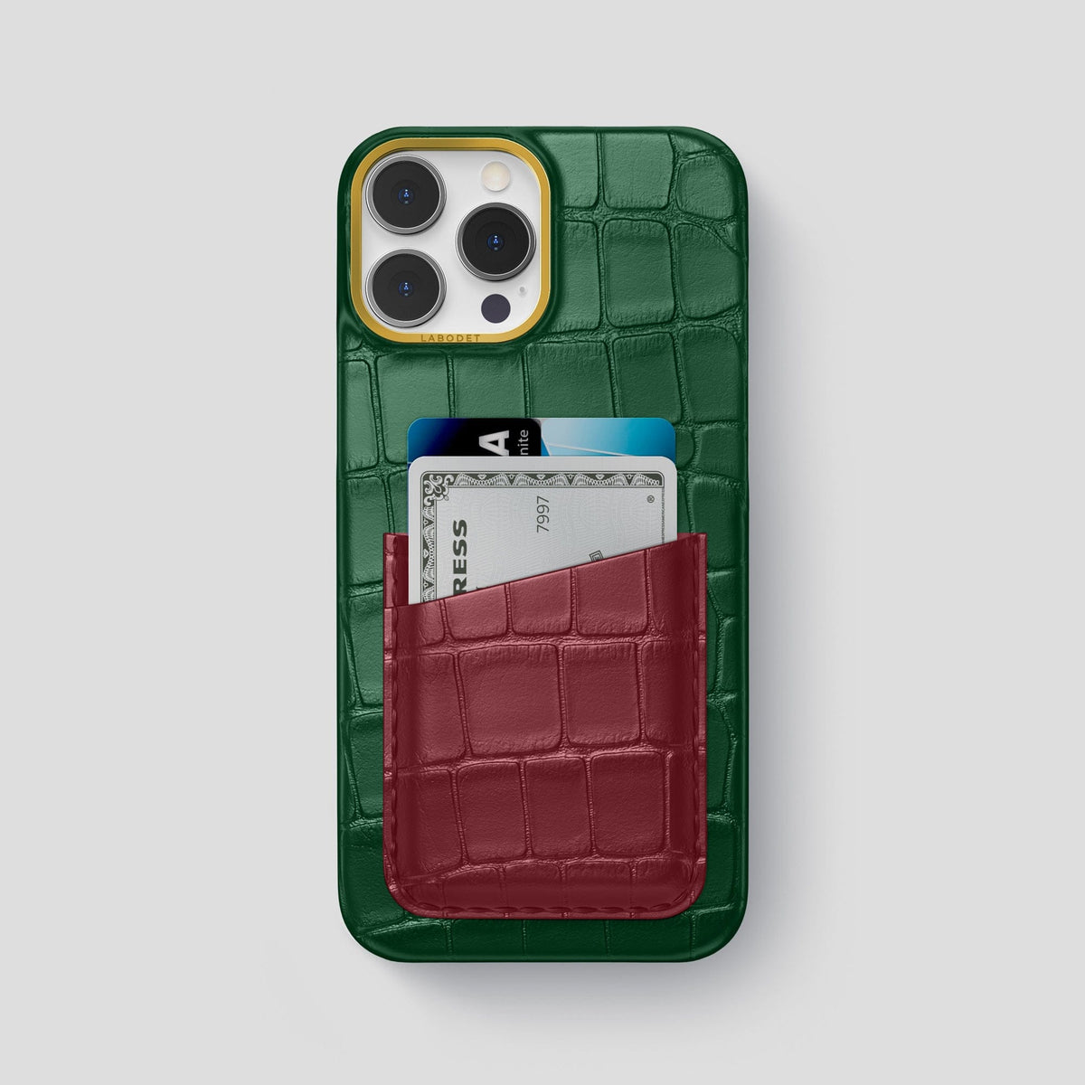 Green-Burgundy iPhone 14 Pro Max Card Case Alligator with Gold Metal -1 | Green-Burgundy-Gold