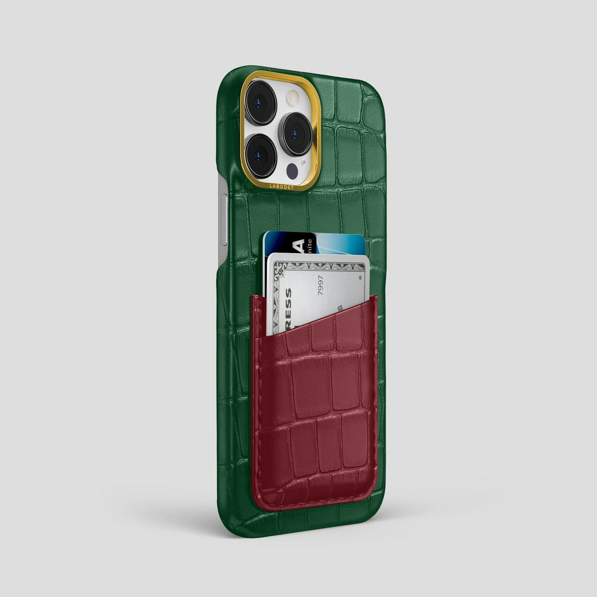 Green-Burgundy iPhone 14 Pro Max Card Case Alligator with Gold Metal -2 | Green-Burgundy-Gold