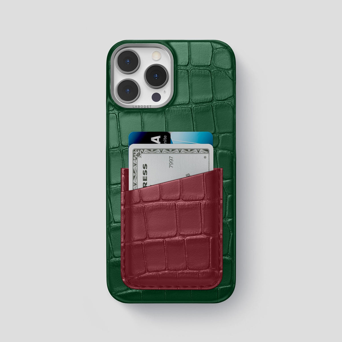 Green-Burgundy iPhone 14 Pro Max Card Case Alligator with Steel Metal -1 | Green-Burgundy-Steel