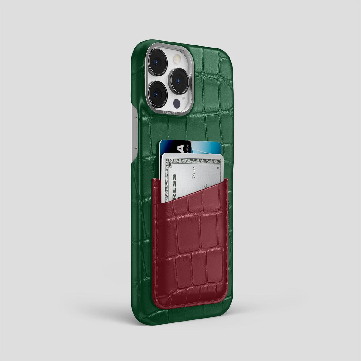 Green-Burgundy iPhone 14 Pro Max Card Case Alligator with Steel Metal -2 | Green-Burgundy-Steel