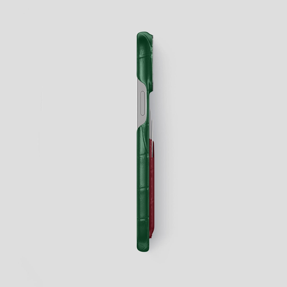 Green-Burgundy iPhone 14 Pro Max Card Case Alligator with Steel Metal -3 | Green-Burgundy-Steel