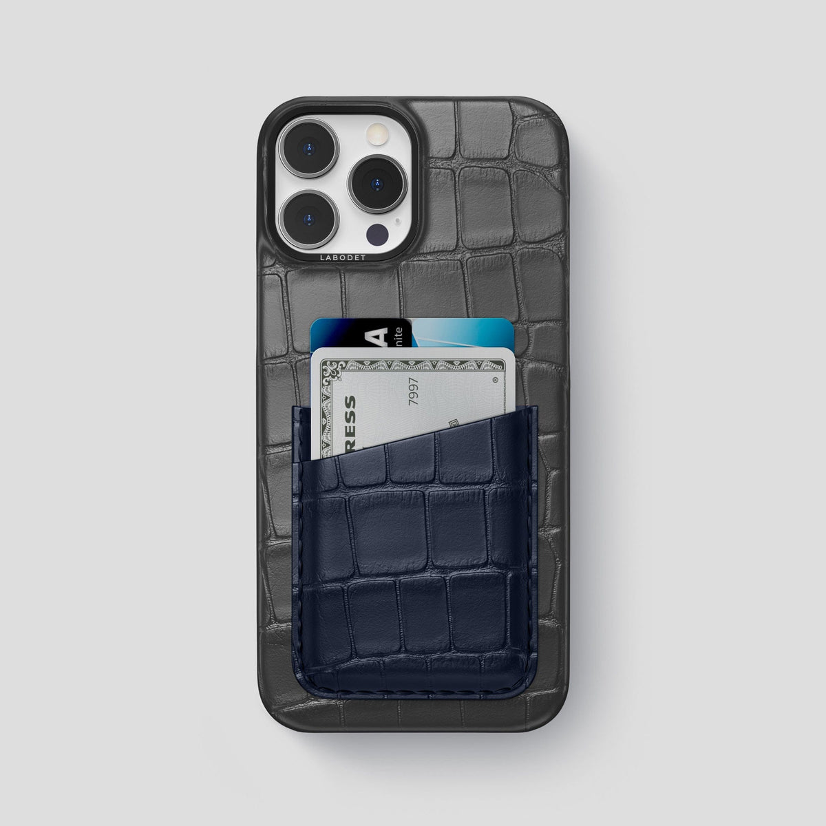 Grey-Navy-Blue iPhone 14 Pro Max Card Case Alligator with Black Metal -1 | Grey-Navy-Blue-Black