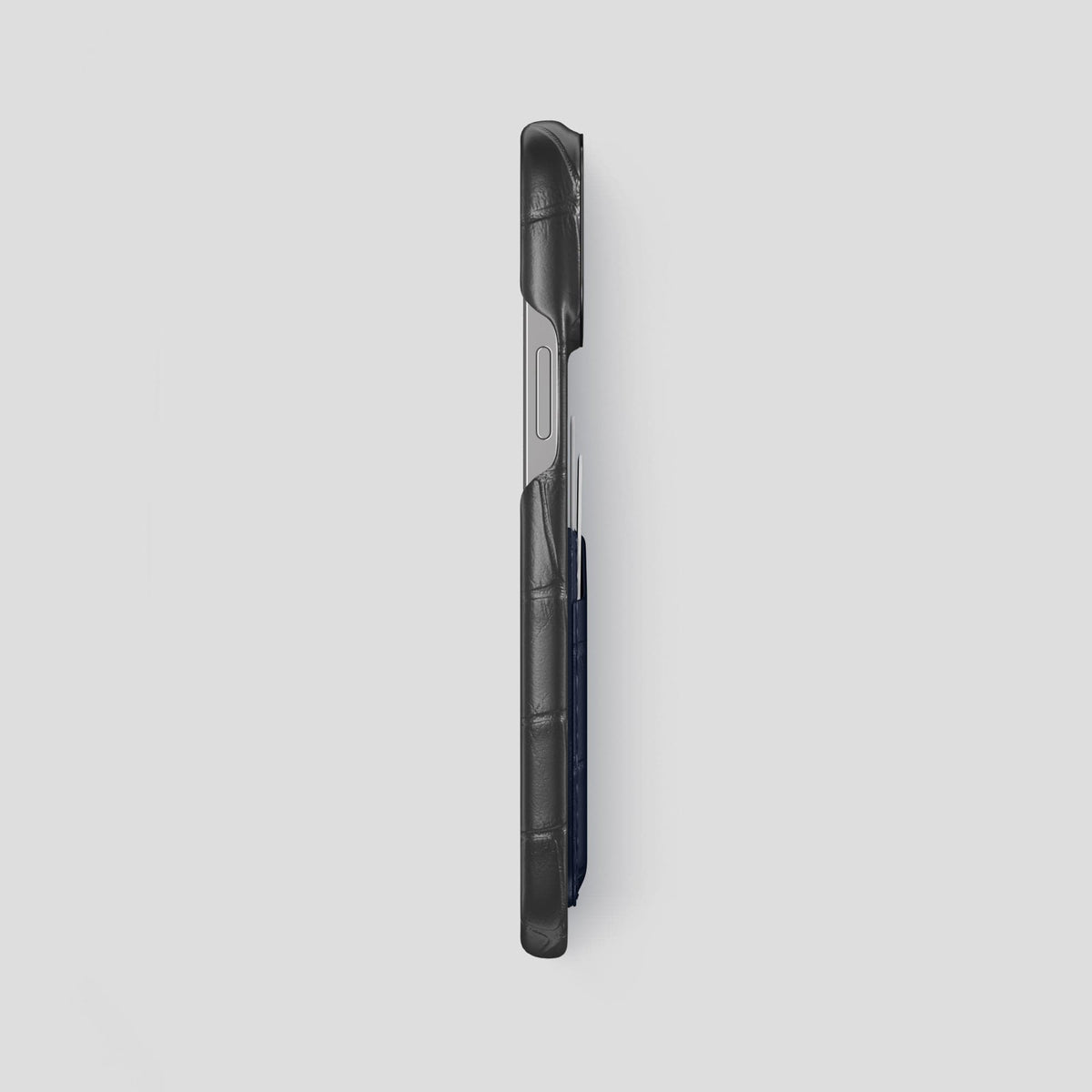 Grey-Navy-Blue iPhone 14 Pro Max Card Case Alligator with Black Metal -3 | Grey-Navy-Blue-Black