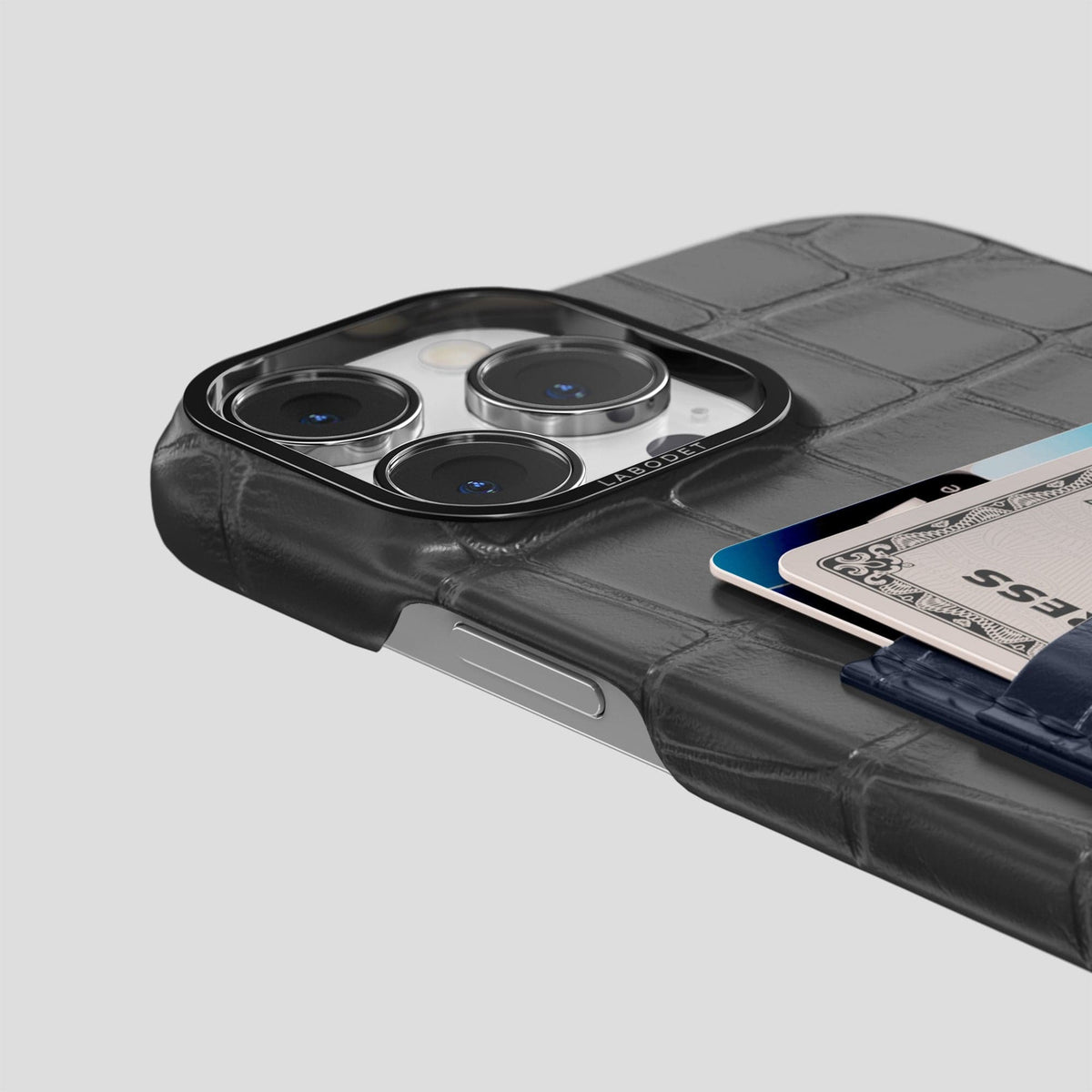 Grey-Navy-Blue iPhone 14 Pro Max Card Case Alligator with Black Metal -5 | Grey-Navy-Blue-Black
