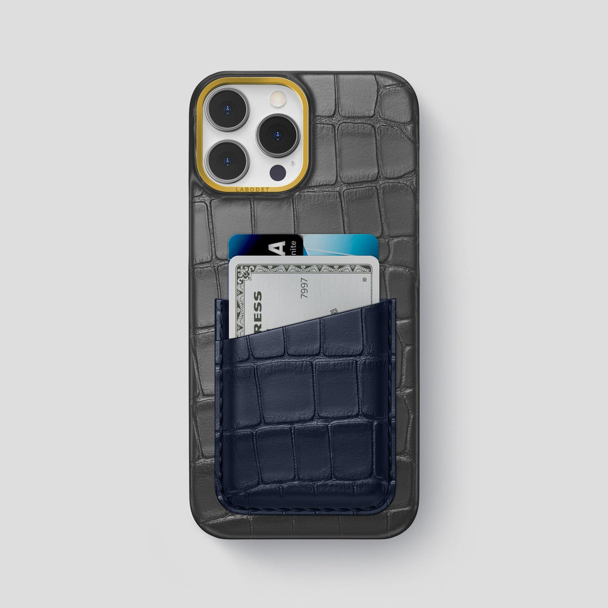 Grey-Navy-Blue iPhone 14 Pro Max Card Case Alligator with Gold Metal -1 | Grey-Navy-Blue-Gold