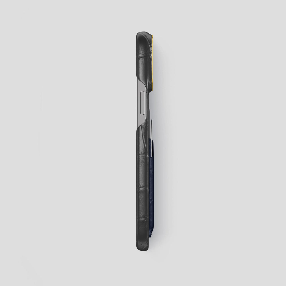 Grey-Navy-Blue iPhone 14 Pro Max Card Case Alligator with Gold Metal -3 | Grey-Navy-Blue-Gold