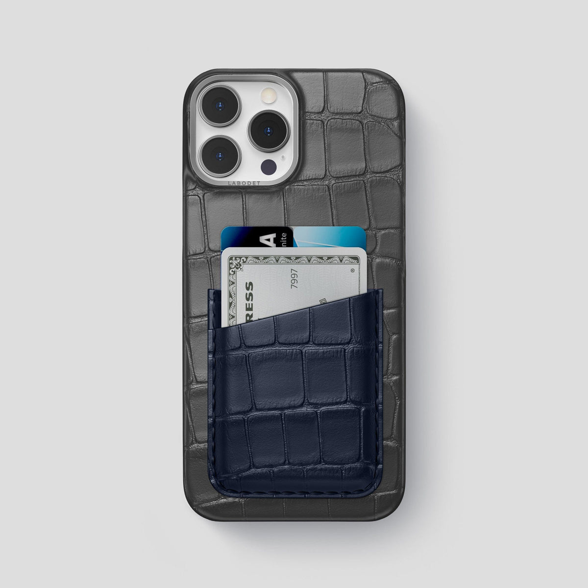 Grey-Navy-Blue iPhone 14 Pro Max Card Case Alligator with Steel Metal -1 | Grey-Navy-Blue-Steel