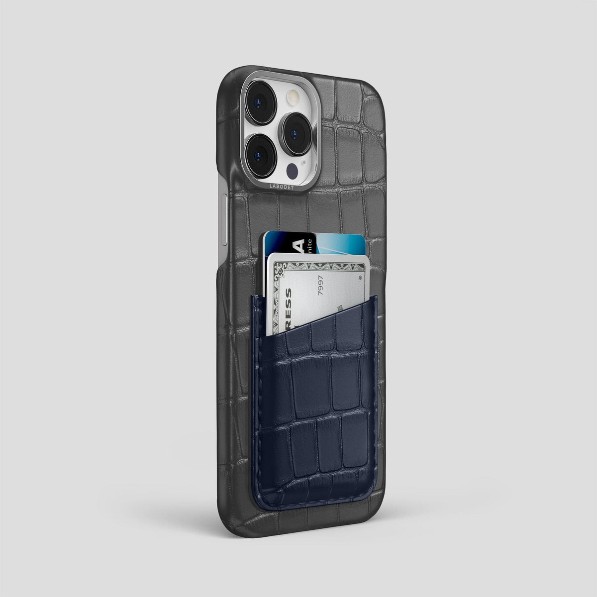 Grey-Navy-Blue iPhone 14 Pro Max Card Case Alligator with Steel Metal -2 | Grey-Navy-Blue-Steel