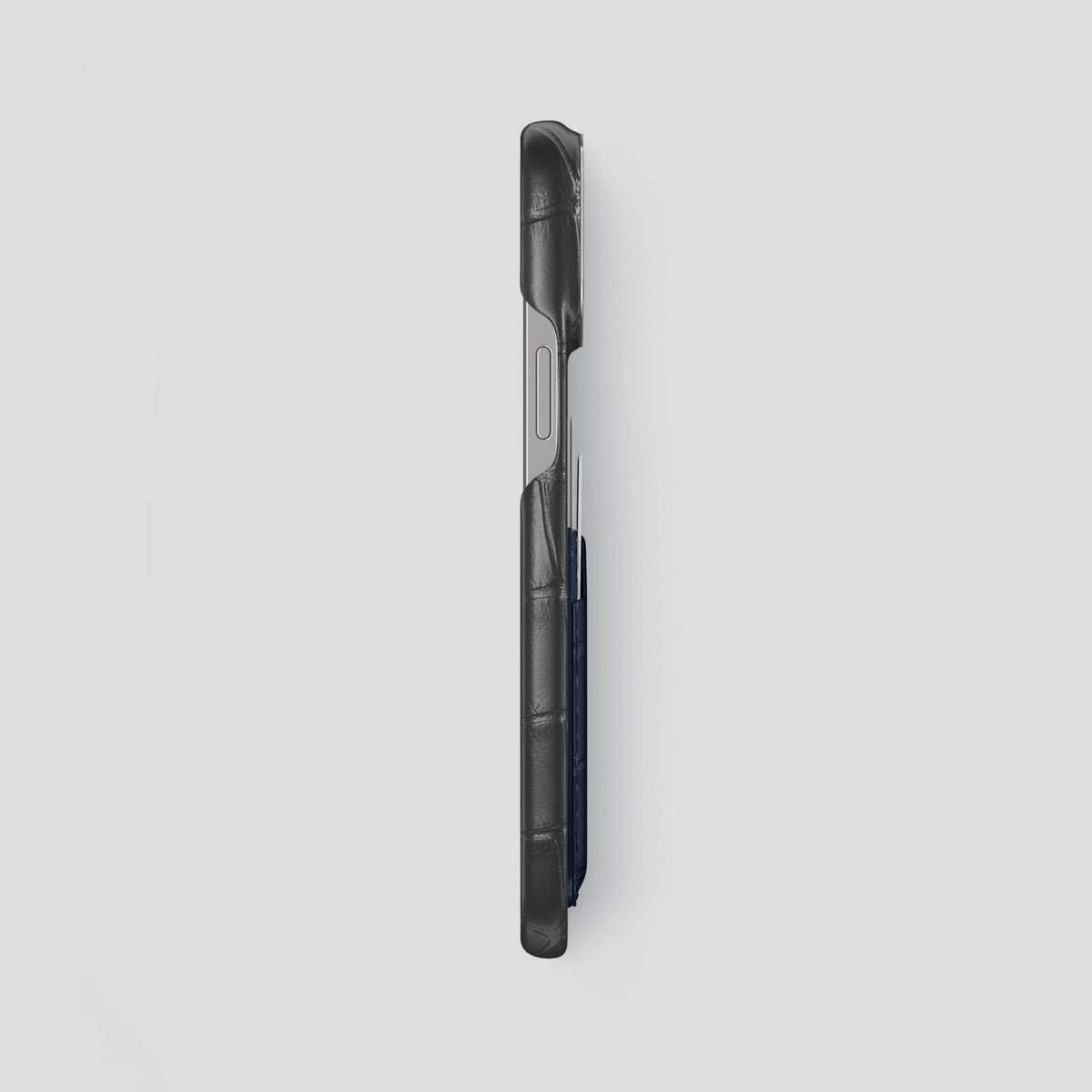 Grey-Navy-Blue iPhone 14 Pro Max Card Case Alligator with Steel Metal -3 | Grey-Navy-Blue-Steel