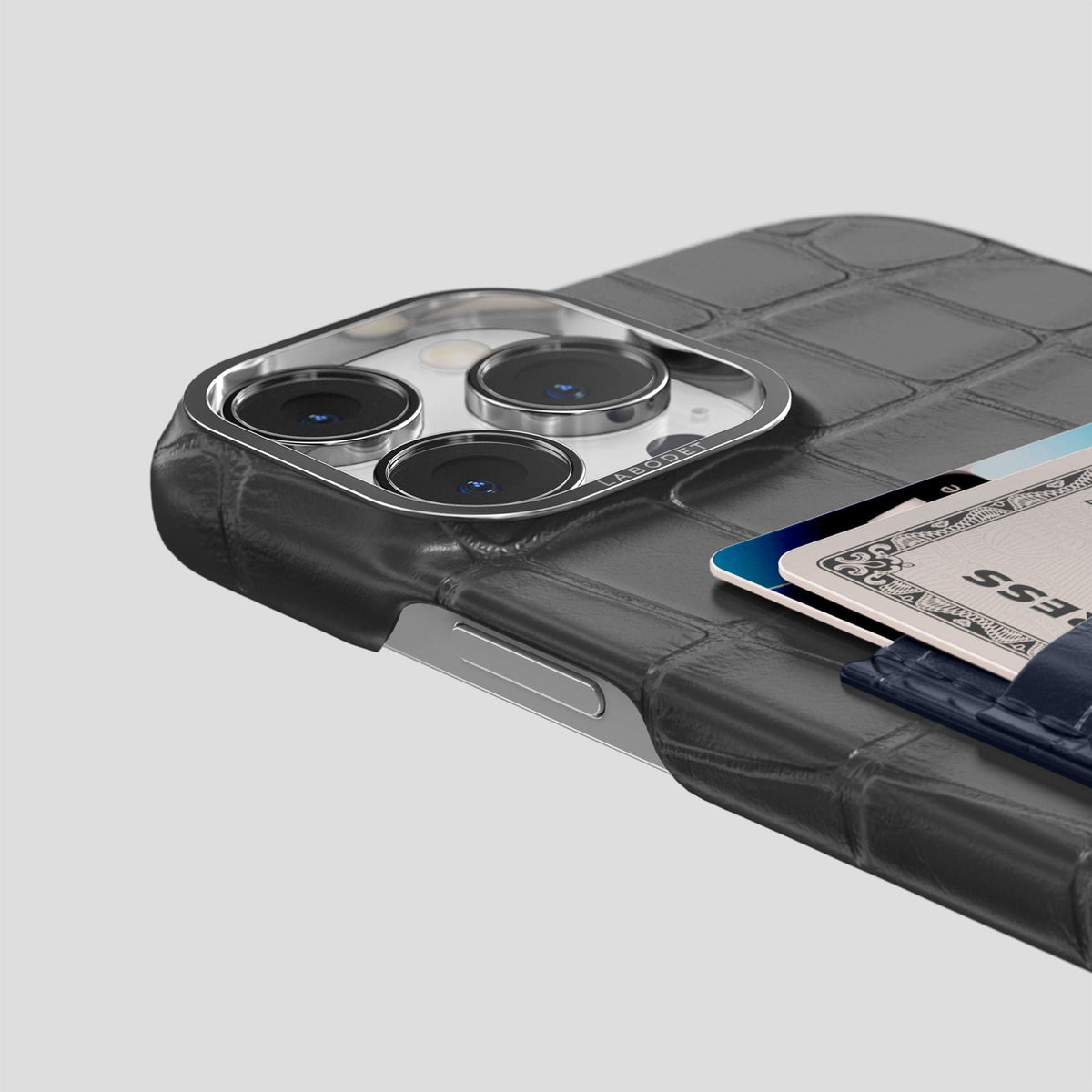 Grey-Navy-Blue iPhone 14 Pro Max Card Case Alligator with Steel Metal -5 | Grey-Navy-Blue-Steel