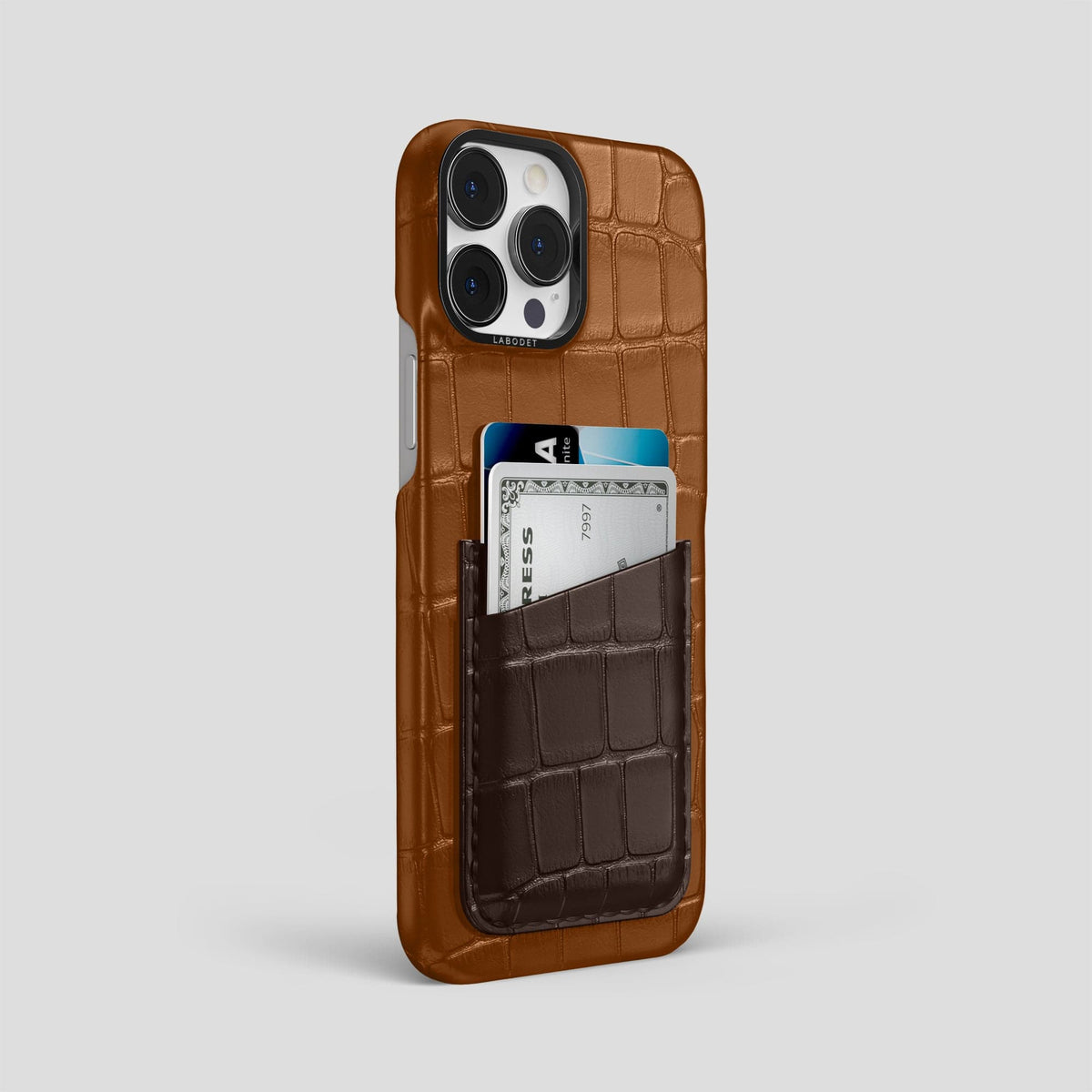 Honey-Dark-Brown iPhone 14 Pro Max Card Case Alligator with Black Metal -2 | Honey-Dark-Brown-Black