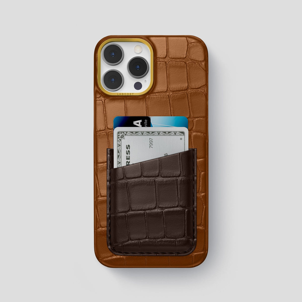 Honey-Dark-Brown iPhone 14 Pro Max Card Case Alligator with Gold Metal -1 | Honey-Dark-Brown-Gold