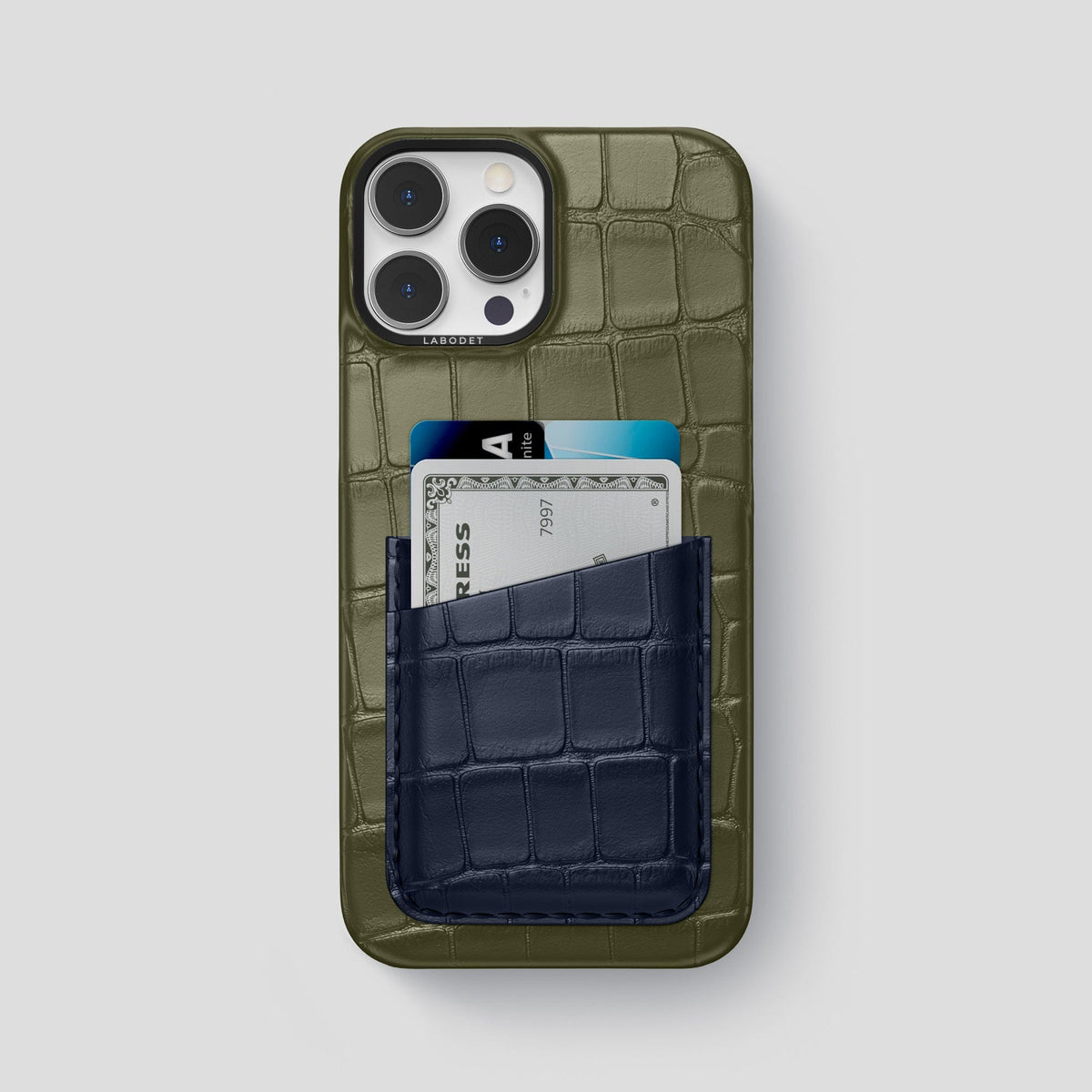 Kaki-Green-Navy-Blue iPhone 14 Pro Max Card Case Alligator with Black Metal -1 | Kaki-Green-Navy-Blue-Black