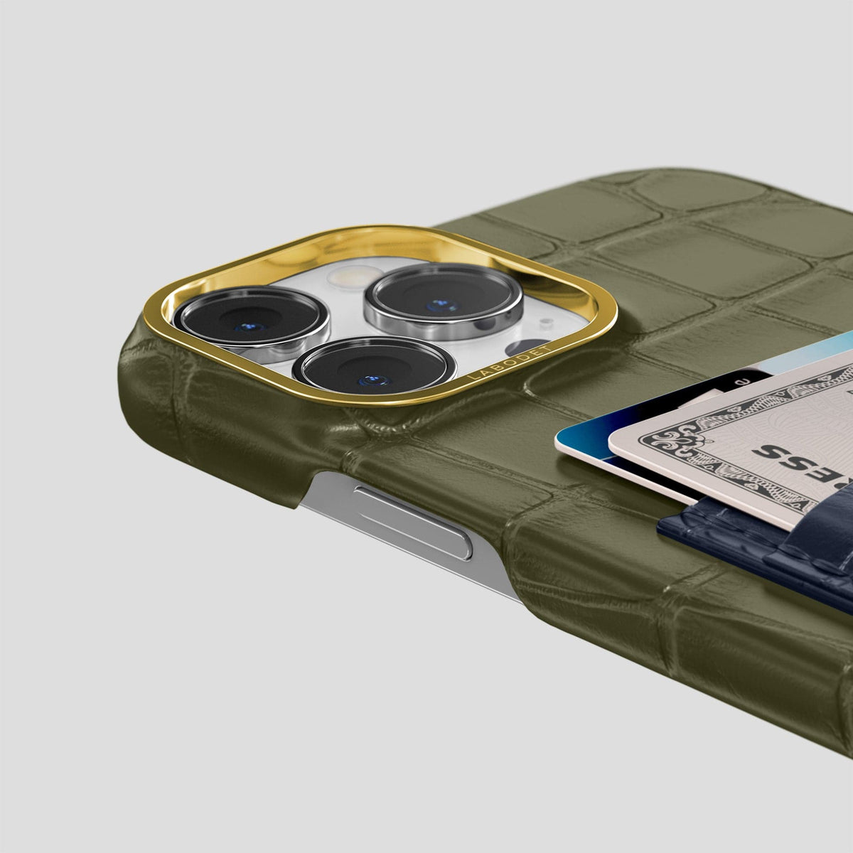 Kaki-Green-Navy-Blue iPhone 14 Pro Max Card Case Alligator with Gold Metal -5 | Kaki-Green-Navy-Blue-Gold