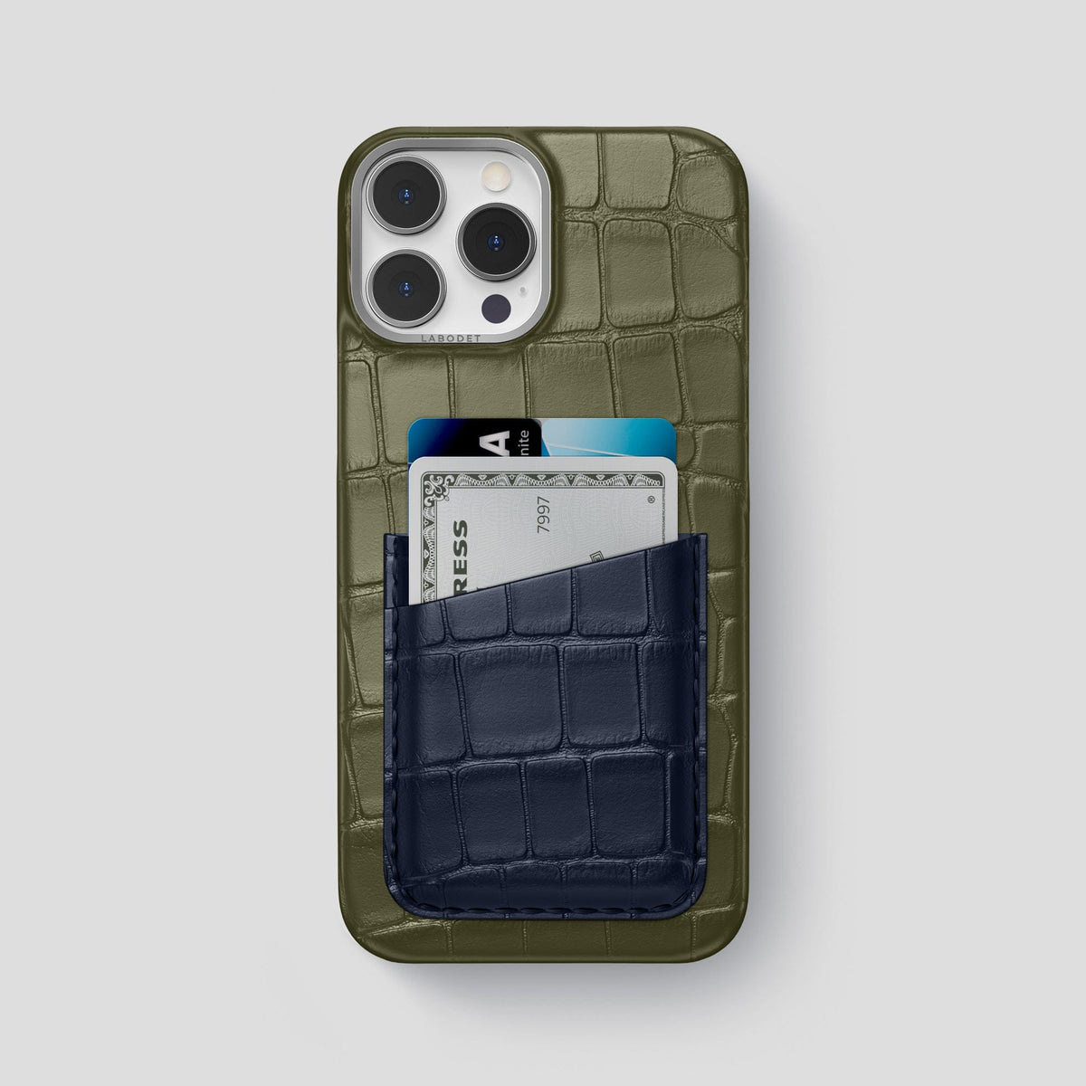 Kaki-Green-Navy-Blue iPhone 14 Pro Max Card Case Alligator with Steel Metal -1 | Kaki-Green-Navy-Blue-Steel