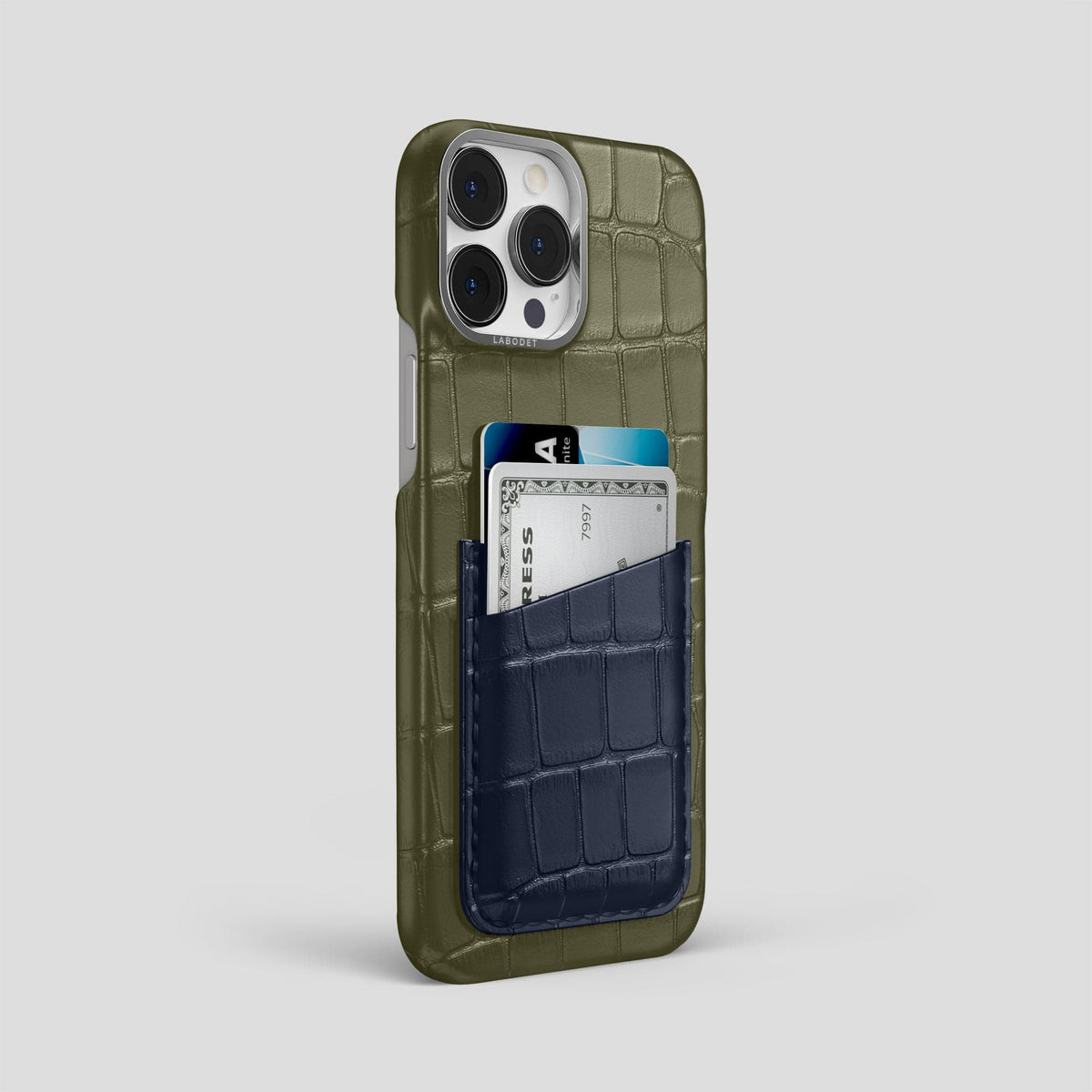 Kaki-Green-Navy-Blue iPhone 14 Pro Max Card Case Alligator with Steel Metal -2 | Kaki-Green-Navy-Blue-Steel