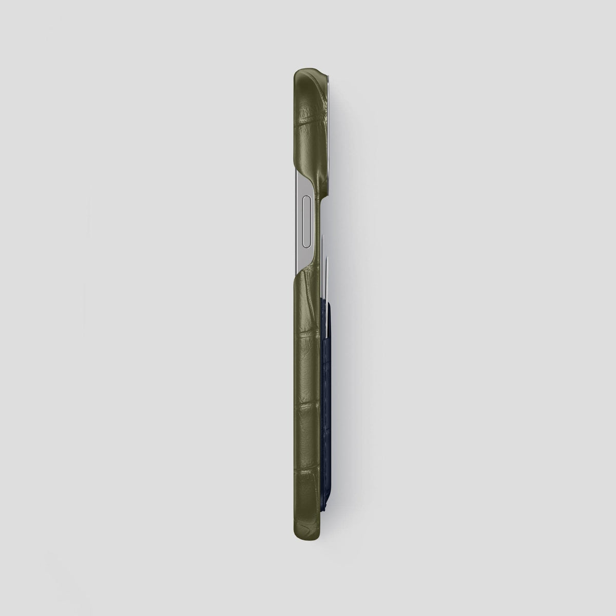 Kaki-Green-Navy-Blue iPhone 14 Pro Max Card Case Alligator with Steel Metal -3 | Kaki-Green-Navy-Blue-Steel