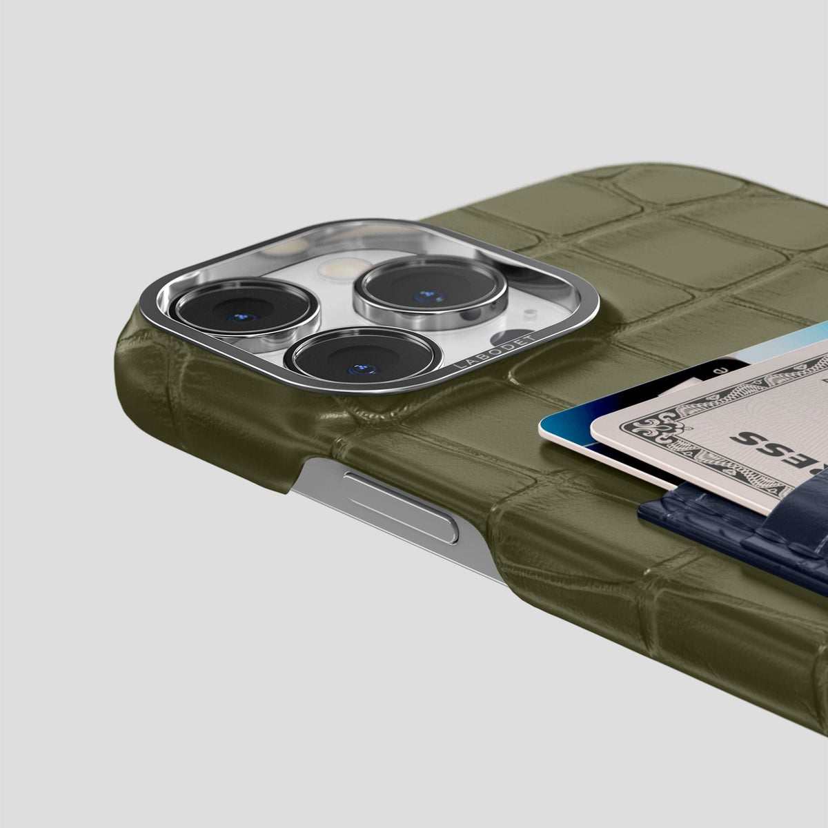 Kaki-Green-Navy-Blue iPhone 14 Pro Max Card Case Alligator with Steel Metal -5 | Kaki-Green-Navy-Blue-Steel