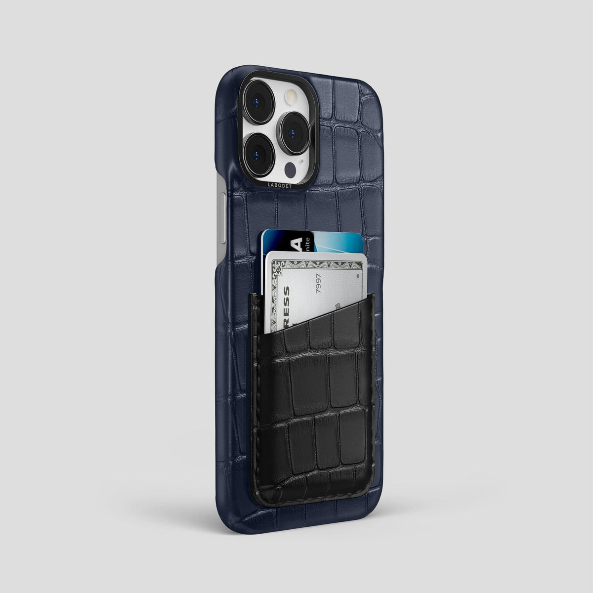 Navy-Blue-Black iPhone 14 Pro Max Card Case Alligator with Black Metal -2 | Navy-Blue-Black-Black