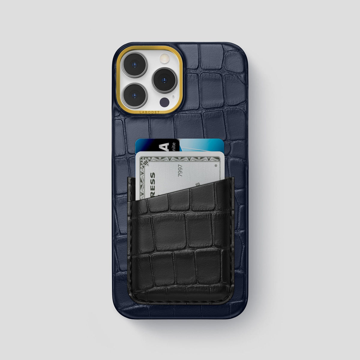 Navy-Blue-Black iPhone 14 Pro Max Card Case Alligator with Gold Metal -1 | Navy-Blue-Black-Gold