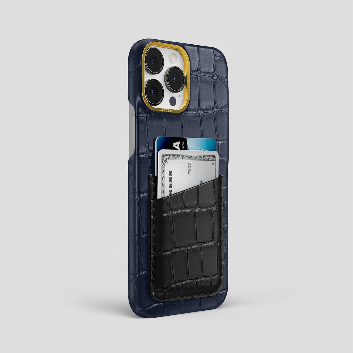 Navy-Blue-Black iPhone 14 Pro Max Card Case Alligator with Gold Metal -2 | Navy-Blue-Black-Gold