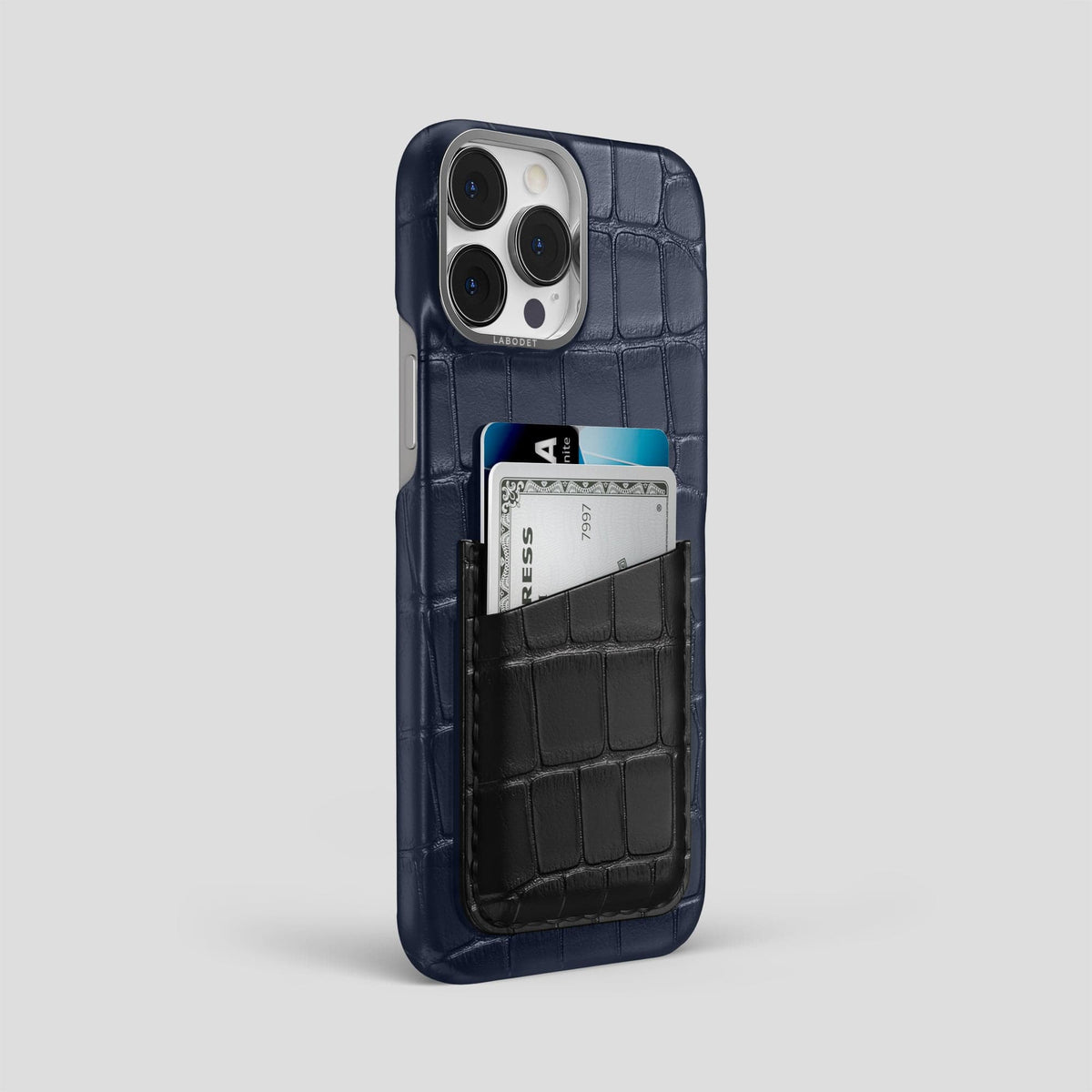 Navy-Blue-Black iPhone 14 Pro Max Card Case Alligator with Steel Metal -2 | Navy-Blue-Black-Steel