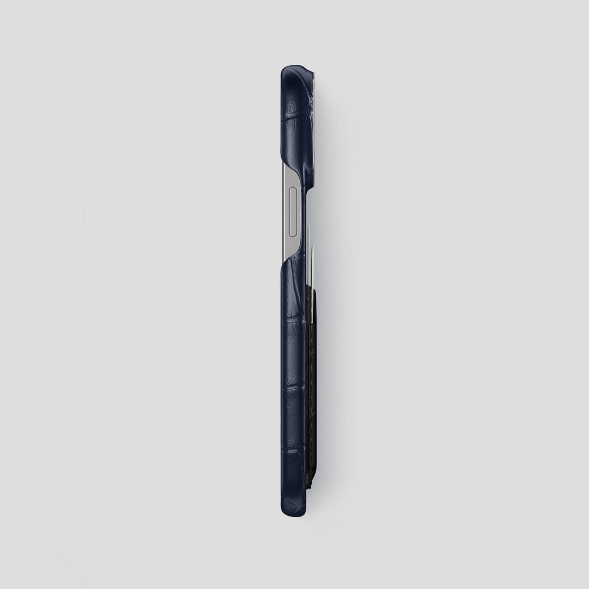 Navy-Blue-Black iPhone 14 Pro Max Card Case Alligator with Steel Metal -3 | Navy-Blue-Black-Steel
