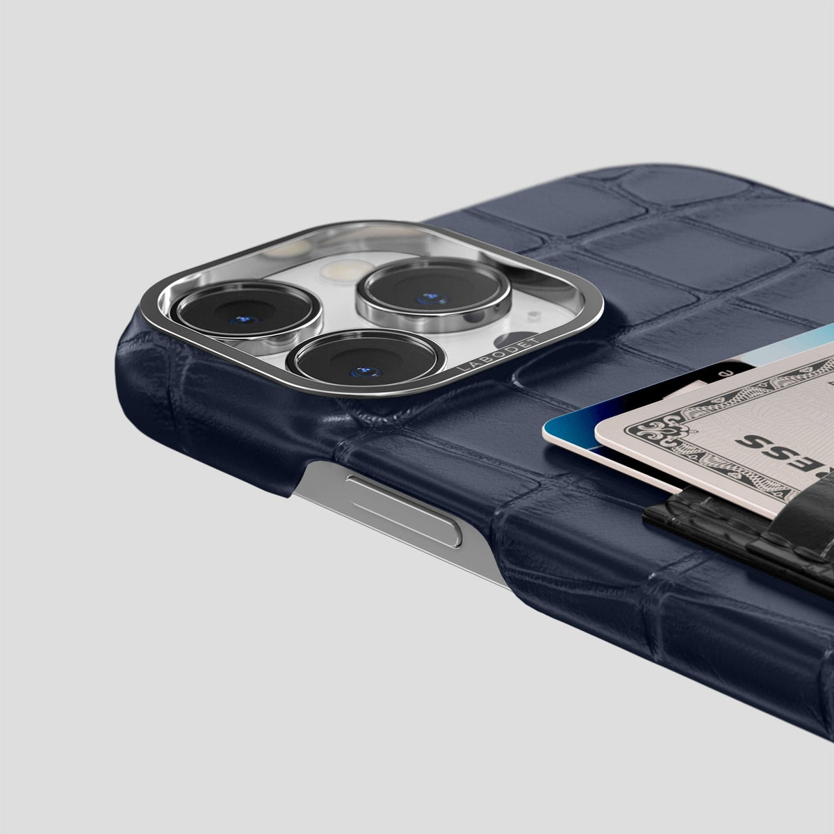 Navy-Blue-Black iPhone 14 Pro Max Card Case Alligator with Steel Metal -5 | Navy-Blue-Black-Steel