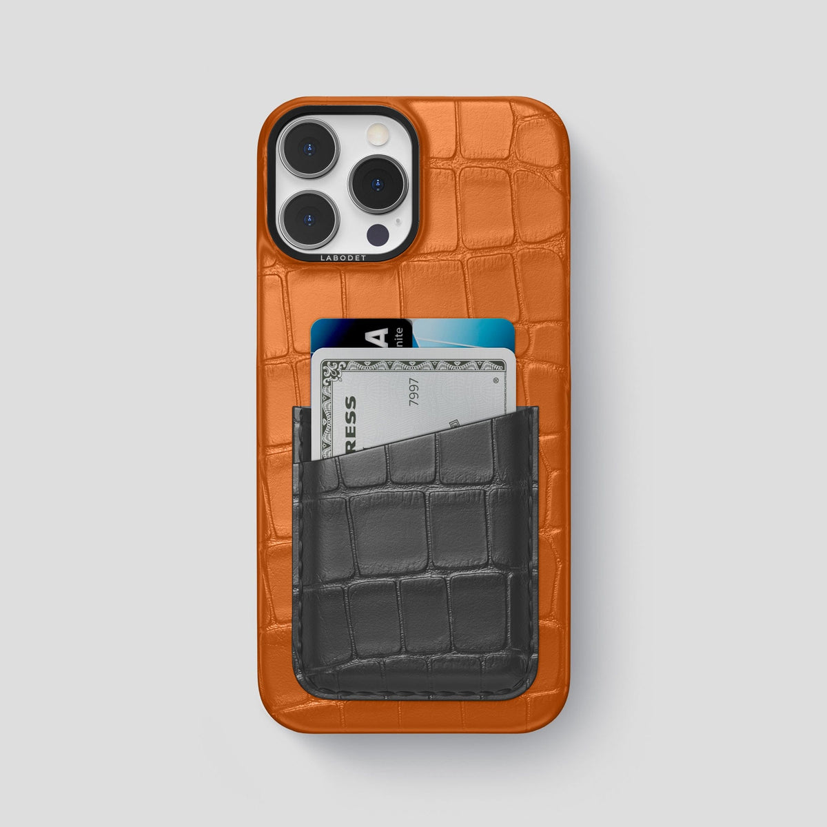 Orange-Grey iPhone 14 Pro Max Card Case Alligator with Black Metal -1 | Orange-Grey-Black
