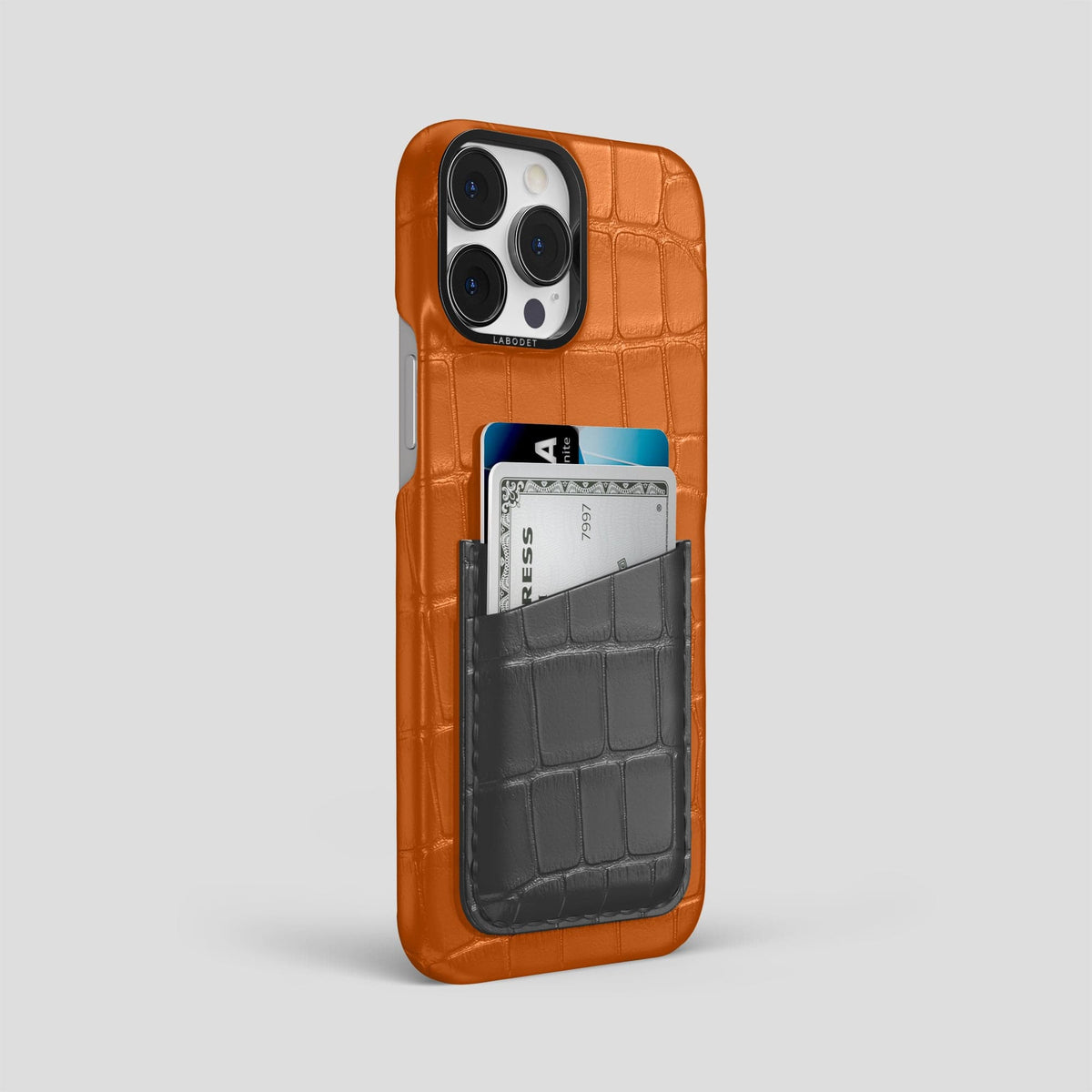 Orange-Grey iPhone 14 Pro Max Card Case Alligator with Black Metal -2 | Orange-Grey-Black