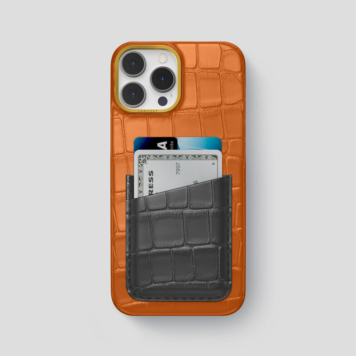 Orange-Grey iPhone 14 Pro Max Card Case Alligator with Gold Metal -1 | Orange-Grey-Gold