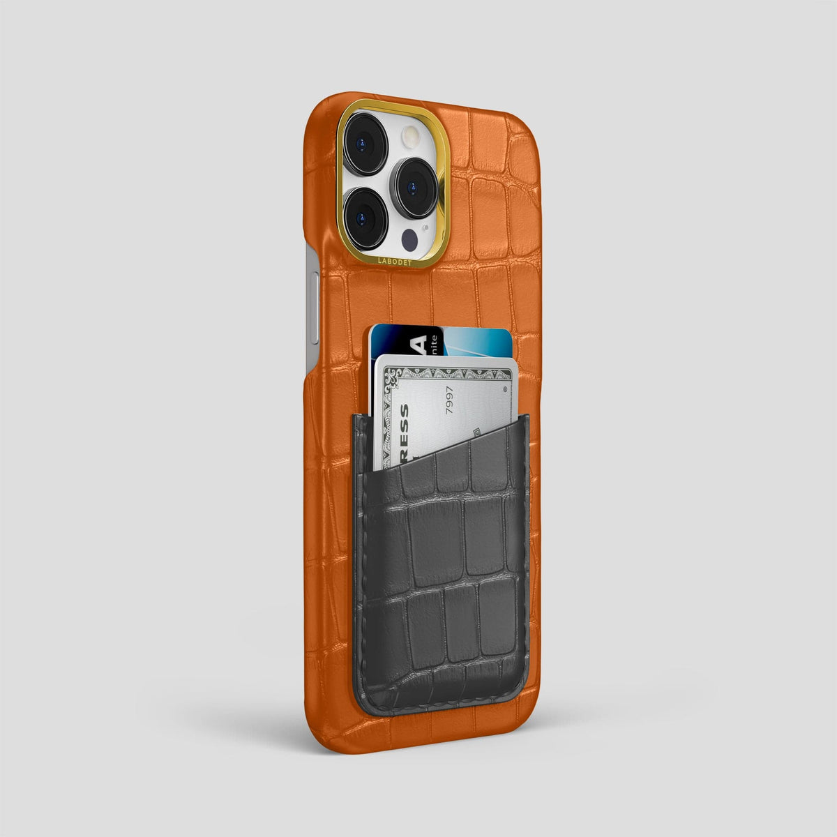 Orange-Grey iPhone 14 Pro Max Card Case Alligator with Gold Metal -2 | Orange-Grey-Gold
