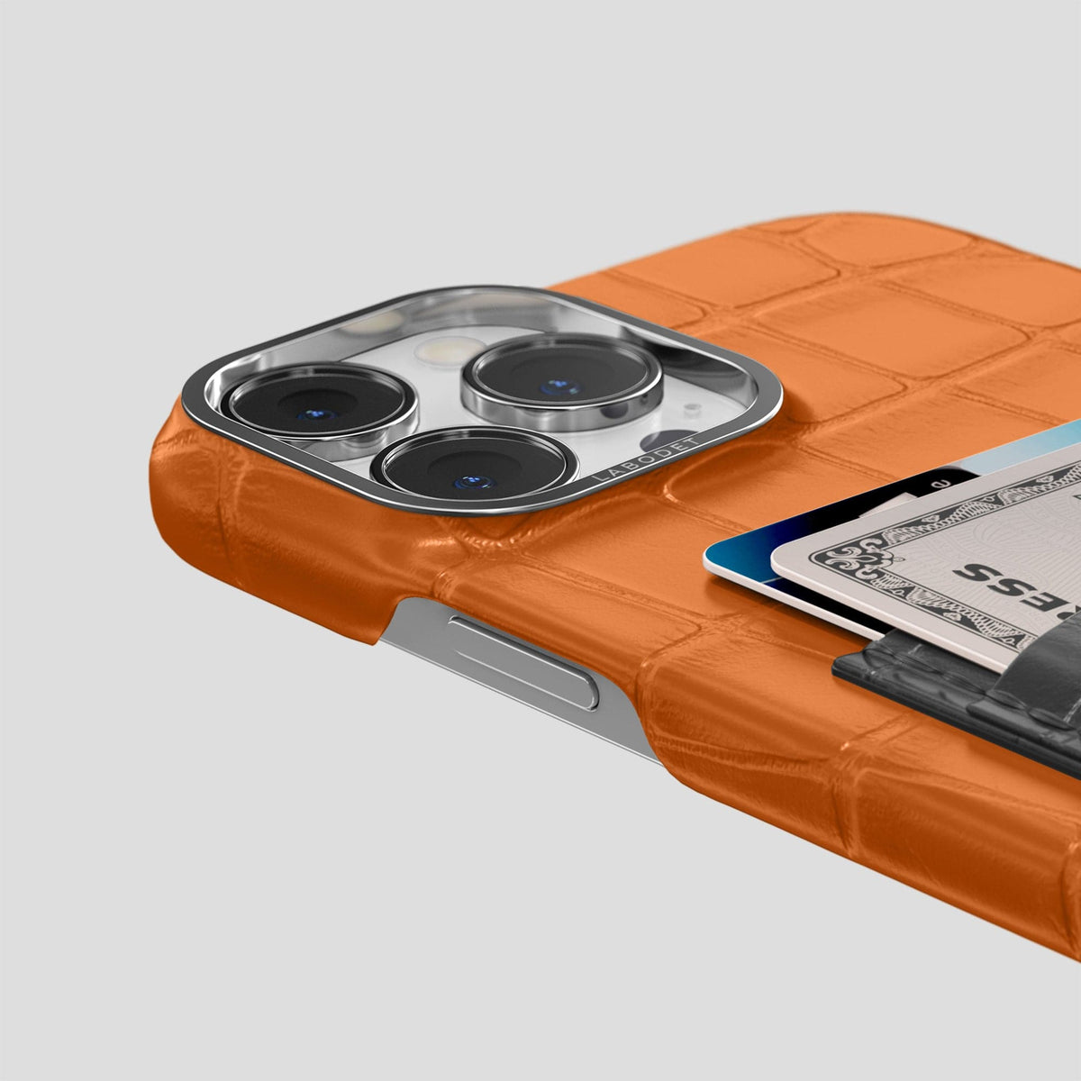 Orange-Grey iPhone 14 Pro Max Card Case Alligator with Steel Metal -5 | Orange-Grey-Steel