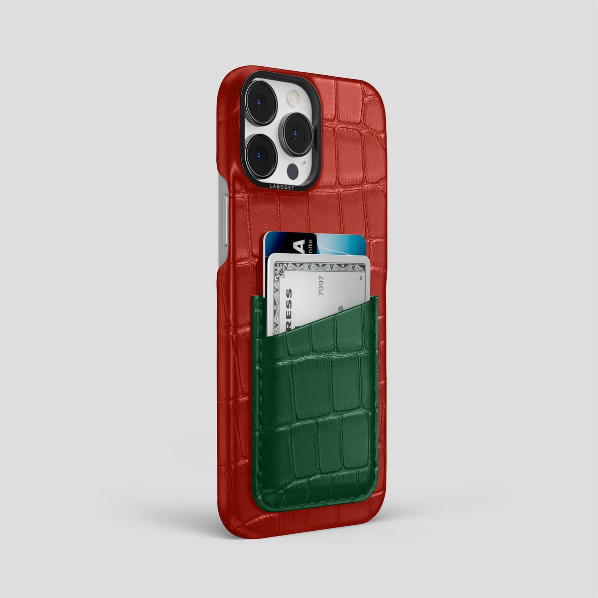 Red-Green iPhone 14 Pro Max Card Case Alligator with Black Metal -2 | Red-Green-Black