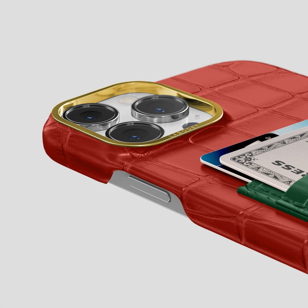 Red-Green iPhone 14 Pro Max Card Case Alligator with Gold Metal -5 | Red-Green-Gold